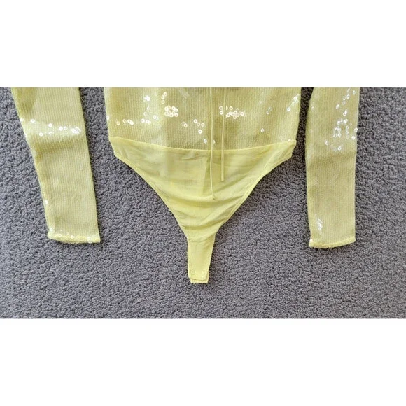 Bardot Verona Sequined Bodysuit Top Women's 6 Canary Yellow Long Sleeve Snap - Picture 4 of 15